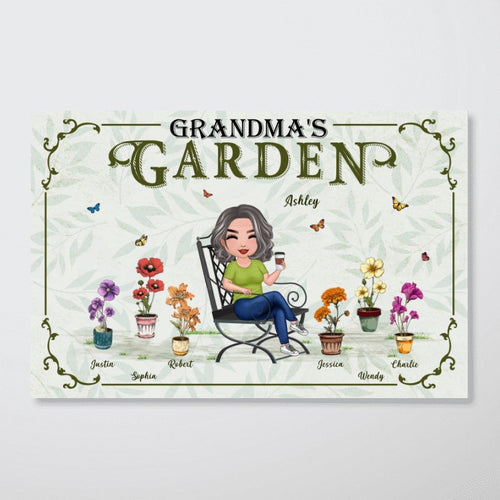 Grandma's Garden Woman Sitting Birth Month Flowers Pot Personalized Poster