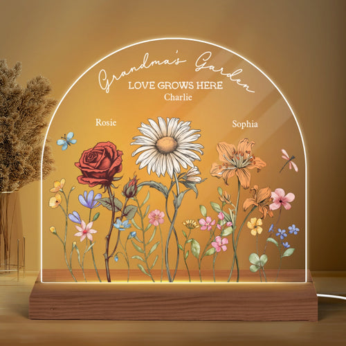 Grandma's Garden Vintage Birth Month Flowers Dome Shaped Personalized Acrylic LED Night Light, Christmas Gift For Mom, Gift For Grandma