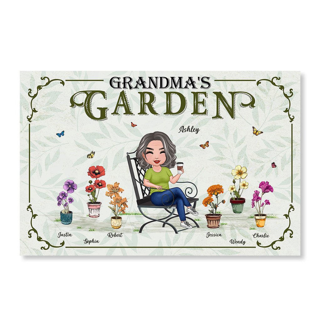 Grandma's Garden Woman Sitting Birth Month Flowers Pot Personalized Poster